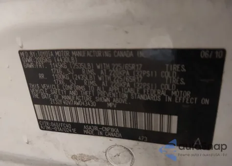 2010 Toyota Rav4 from USA, damaged, VIN 2T3ZF4DV7AW043430